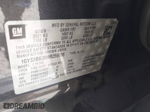 2017 Cadillac Escalade Luxury z VIN 1GYS3BKJ8HR259936, wystawiony jako IAAI lot #42301926 z przebiegiem 70 879 mil mil oraz . Historia ofert i sprzedaży dostępna na DreamBid. Obrazek 9.