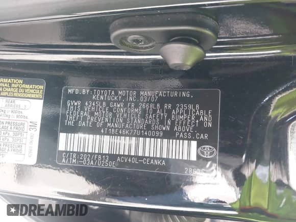 2007 Toyota Camry CE with VIN 4T1BE46K77U140099, listed as a IAAI auction lot 43384538 with 147,954 mi miles and . Bid and sale history available at DreamBid. Image 9.