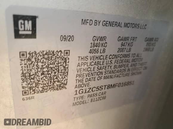 2021 Chevrolet Malibu LS with VIN 1G1ZC5ST8MF016851, listed as a Copart auction lot 86440235 with 15,545 mi miles and Salvage title. Bid and sale history available at DreamBid. Image 12.