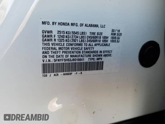 2018 Honda Pilot EX-L with VIN 5FNYF5H63JB016641, listed as a Copart auction lot 81497305 with 126,333 mi miles and Salvage title. Bid and sale history available at DreamBid. Image 14.