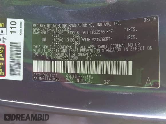 2019 Toyota Sienna LE Auto Access Seat with VIN 5TDKZ3DC2KS012588, listed as a IAAI auction lot 43407390 with 88,812 mi miles and . Bid and sale history available at DreamBid. Image 9.