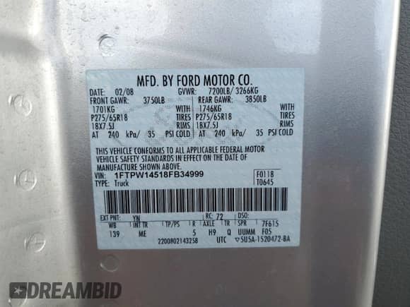 2008 Ford F-150 XLT z VIN 1FTPW14518FB34999, wystawiony jako Copart lot #85159595 z przebiegiem 87 980 mil mil oraz Szkoda całkowita • Salvage title. Historia ofert i sprzedaży dostępna na DreamBid. Obrazek 12.