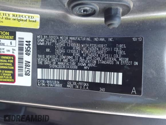 2014 Toyota Sienna XLE with VIN 5TDYK3DC8ES430088, listed as a IAAI auction lot 43006130 with 171,511 mi miles and . Bid and sale history available at DreamBid. Image 9.