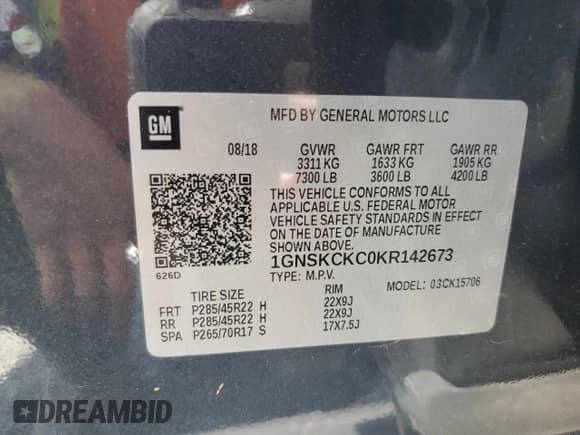 2019 Chevrolet Tahoe Premier с VIN 1GNSKCKC0KR142673, выставлен на аукционе Copart как лот 81053315 с пробегом 78 322 миль миль и Списание • Salvage title. История ставок и продаж доступна на DreamBid. Изображение 14.