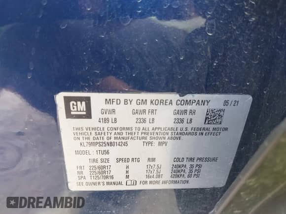 2022 Chevrolet TrailBlazer LT z VIN KL79MPS25NB014245, wystawiony jako IAAI lot #42877363 z przebiegiem 67 925 mil mil oraz . Historia ofert i sprzedaży dostępna na DreamBid. Obrazek 9.