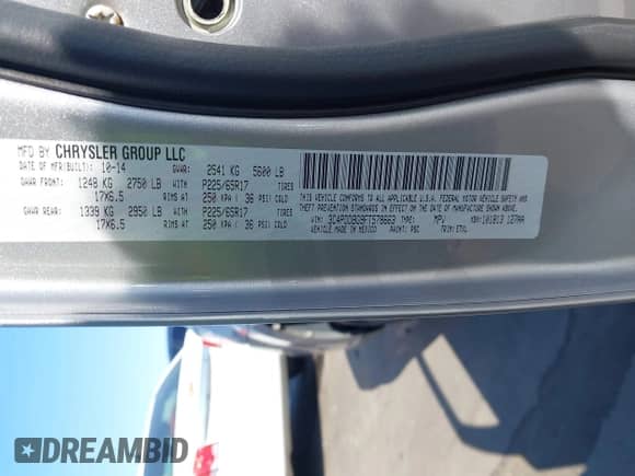 2015 Dodge Journey SXT with VIN 3C4PDDBG9FT578663, listed as a IAAI auction lot 43155280 with 192,831 mi miles and . Bid and sale history available at DreamBid. Image 9.