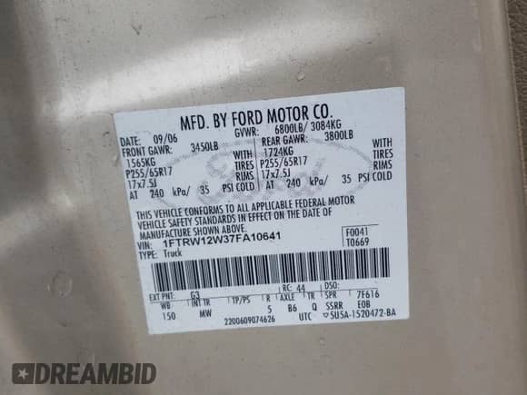 2007 Ford F-150 XLT z VIN 1FTRW12W37FA10641, wystawiony jako Copart lot #81650885 z przebiegiem Nie podano mil oraz Szkoda całkowita • Salvage title. Historia ofert i sprzedaży dostępna na DreamBid. Obrazek 12.