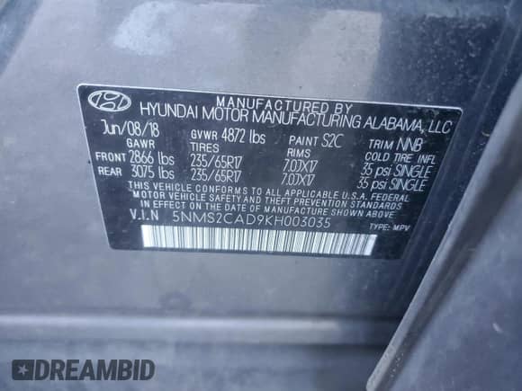 2019 Hyundai Santa Fe SE z VIN 5NMS2CAD9KH003035, wystawiony jako Copart lot #82553015 z przebiegiem Nie podano mil oraz Szkoda całkowita • Salvage title. Historia ofert i sprzedaży dostępna na DreamBid. Obrazek 13.