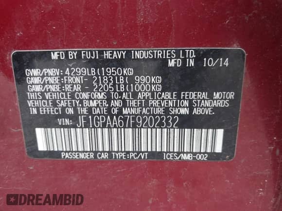 2015 Subaru Impreza 2.0i with VIN JF1GPAA67F9202332, listed as a IAAI auction lot 42195815 with 179,954 mi miles and . Bid and sale history available at DreamBid. Image 9.