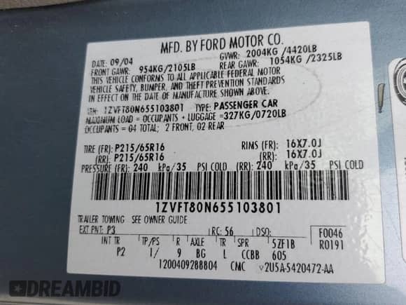 2005 Ford Mustang Deluxe with VIN 1ZVFT80N655103801, listed as a Copart auction lot 86625875 with Not provided miles and Salvage title. Bid and sale history available at DreamBid. Image 13.