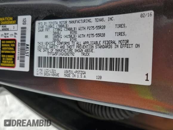 2016 Toyota Tundra Platinum with VIN 5TFGW5F1XGX202792, listed as a Copart auction lot 88989585 with 59,422 mi miles and Salvage title. Bid and sale history available at DreamBid. Image 13.