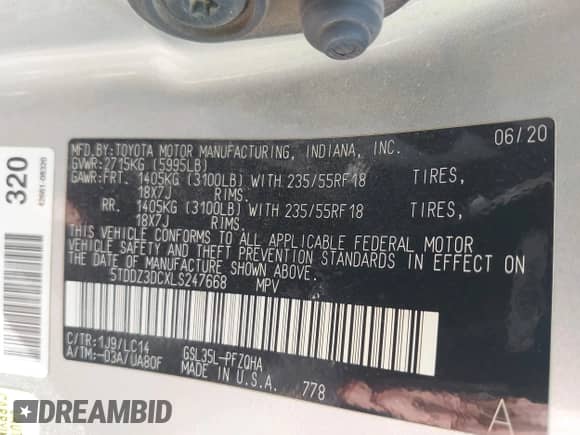 2020 Toyota Sienna XLE z VIN 5TDDZ3DCXLS247668, wystawiony jako IAAI lot #42978597 z przebiegiem 82 030 mil mil oraz . Historia ofert i sprzedaży dostępna na DreamBid. Obrazek 9.