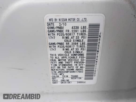 2010 Nissan Rogue SL с VIN JN8AS5MT9AW017883, выставлен на аукционе IAAI как лот 43279783 с пробегом 143 735 миль миль и . История ставок и продаж доступна на DreamBid. Изображение 9.