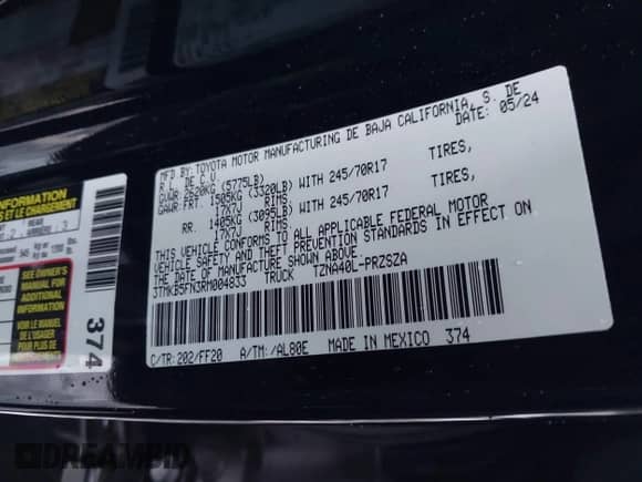 2024 Toyota Tacoma SR5 z VIN 3TMKB5FN3RM004833, wystawiony jako IAAI lot #41580572 z przebiegiem 7 039 mil mil oraz . Historia ofert i sprzedaży dostępna na DreamBid. Obrazek 9.