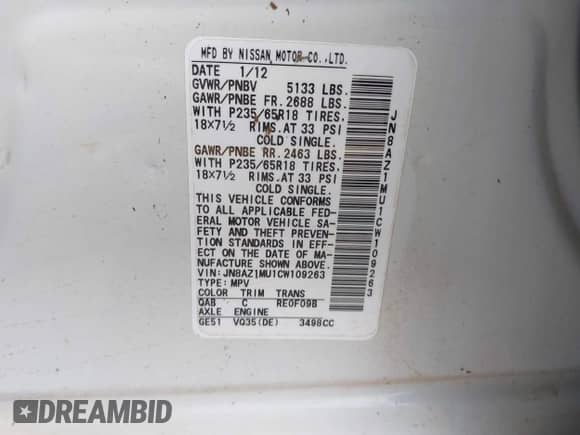 2012 Nissan Murano LE с VIN JN8AZ1MU1CW109263, выставлен на аукционе IAAI как лот 42378245 с пробегом 121 658 миль миль и . История ставок и продаж доступна на DreamBid. Изображение 9.