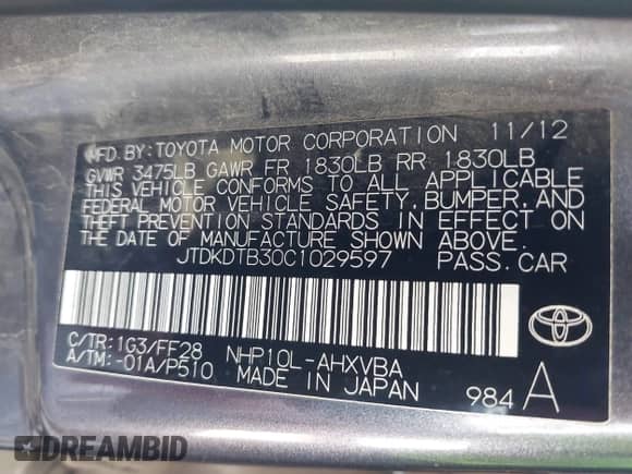 2012 Toyota Prius Two with VIN JTDKDTB30C1029597, listed as a IAAI auction lot 43393213 with 272,118 mi miles and . Bid and sale history available at DreamBid. Image 9.