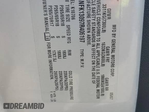 2007 Chevrolet Tahoe LT с VIN 1GNFK13097R406197, выставлен на аукционе Copart как лот 84194245 с пробегом 246 978 миль миль и Чистый • Clean title. История ставок и продаж доступна на DreamBid. Изображение 13.