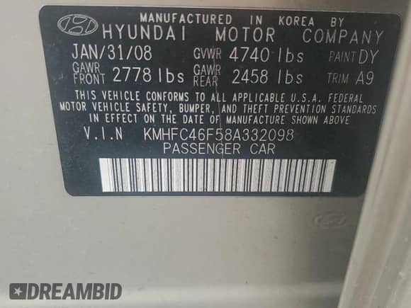 2008 Hyundai Azera Limited with VIN KMHFC46F58A332098, listed as a Copart auction lot 69912545 with Not provided miles and Salvage title. Bid and sale history available at DreamBid. Image 12.