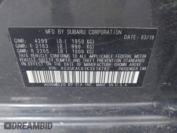 2019 Subaru Impreza Premium with VIN 4S3GKAC61K3614782, listed as a IAAI auction lot 42408183 with 123,109 mi miles and . Bid and sale history available at DreamBid. Image 9.