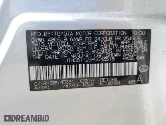 2021 Lexus IS 300 with VIN JTHC81F25M5043518, listed as a Copart auction lot 67741524 with 17,174 mi miles and Salvage title. Bid and sale history available at DreamBid. Image 12.