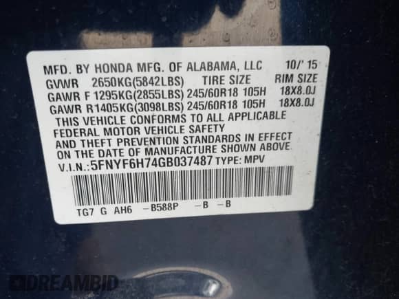 2016 Honda Pilot EX-L z VIN 5FNYF6H74GB037487, wystawiony jako IAAI lot #42282463 z przebiegiem 130 120 mil mil oraz . Historia ofert i sprzedaży dostępna na DreamBid. Obrazek 9.