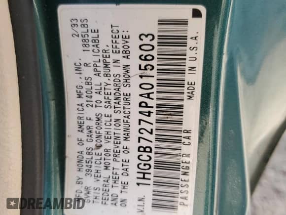 1993 Honda Accord with VIN 1HGCB7274PA015603, listed as a Copart auction lot 67778705 with 144,447 mi miles and Salvage title. Bid and sale history available at DreamBid. Image 12.