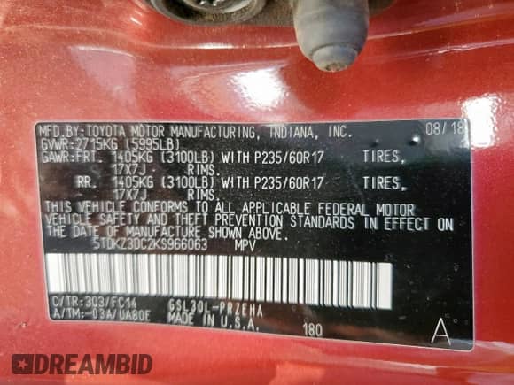 2019 Toyota Sienna LE Auto Access Seat z VIN 5TDKZ3DC2KS966063, wystawiony jako Copart lot #64296405 z przebiegiem 90 011 mil mil oraz Szkoda całkowita • Salvage title. Historia ofert i sprzedaży dostępna na DreamBid. Obrazek 13.