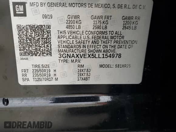 2020 Chevrolet Equinox LT z VIN 3GNAXVEX5LL154978, wystawiony jako Copart lot #80309255 z przebiegiem 40 859 mil mil oraz Szkoda całkowita • Salvage title. Historia ofert i sprzedaży dostępna na DreamBid. Obrazek 14.