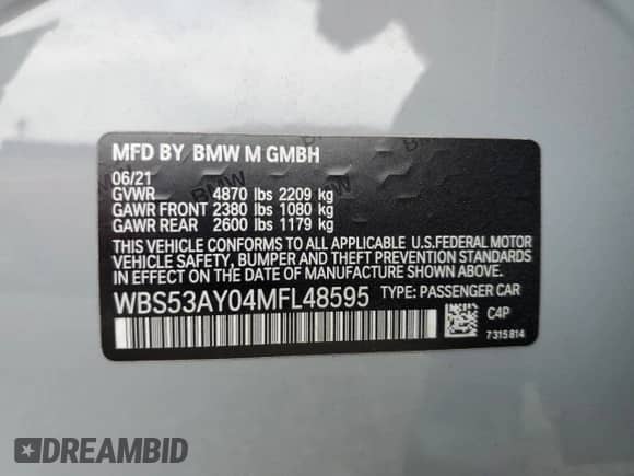 2021 BMW M3 с VIN WBS53AY04MFL48595, выставлен на аукционе Copart как лот 62152185 с пробегом 25 200 миль миль и Списание • Salvage title. История ставок и продаж доступна на DreamBid. Изображение 12.