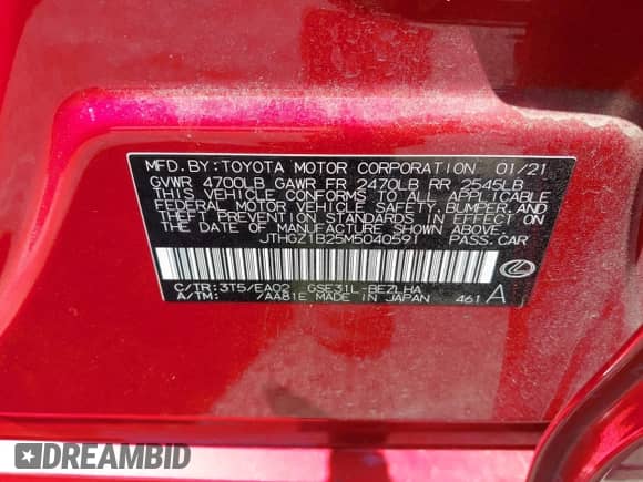 2021 Lexus IS 350 F Sport with VIN JTHGZ1B25M5040591, listed as a IAAI auction lot 42428481 with 43,480 mi miles and . Bid and sale history available at DreamBid. Image 9.