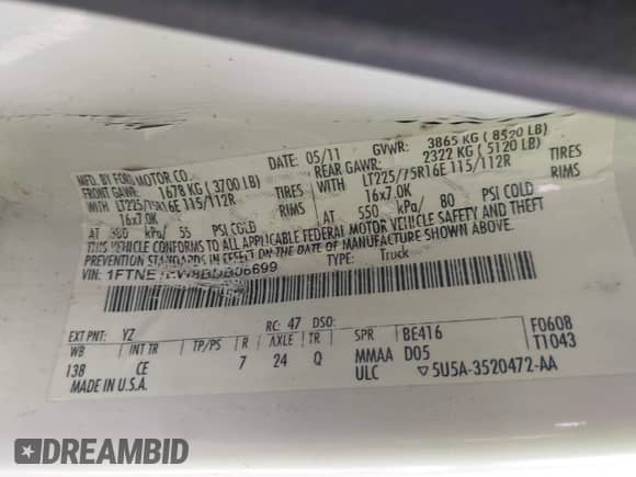 2011 Ford Econoline Cargo Commercial with VIN 1FTNE1EW8BDB06699, listed as a IAAI auction lot 43091340 with 181,040 mi miles and . Bid and sale history available at DreamBid. Image 9.