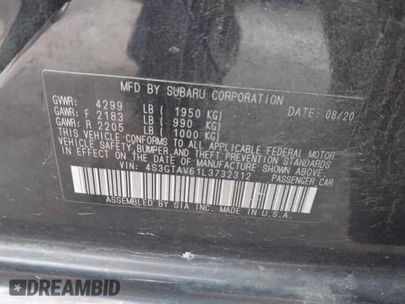 2020 Subaru Impreza Premium with VIN 4S3GTAV61L3732312, listed as a IAAI auction lot 42494432 with 118,419 mi miles and . Bid and sale history available at DreamBid. Image 9.