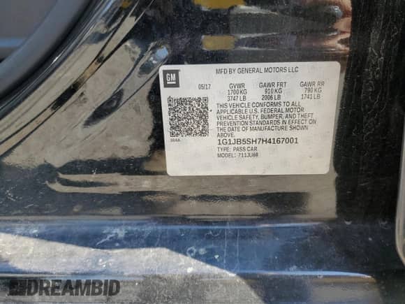 2017 Chevrolet Sonic LS with VIN 1G1JB5SH7H4167001, listed as a Copart auction lot 67848235 with 114,496 mi miles and Salvage title. Bid and sale history available at DreamBid. Image 12.