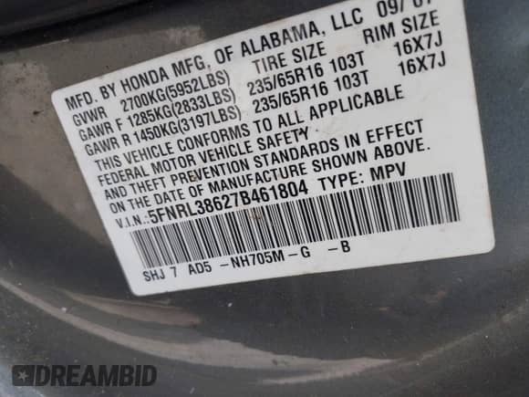 2007 Honda Odyssey EX-L с VIN 5FNRL38627B461804, выставлен на аукционе IAAI как лот 42912584 с пробегом 250 659 миль миль и . История ставок и продаж доступна на DreamBid. Изображение 9.