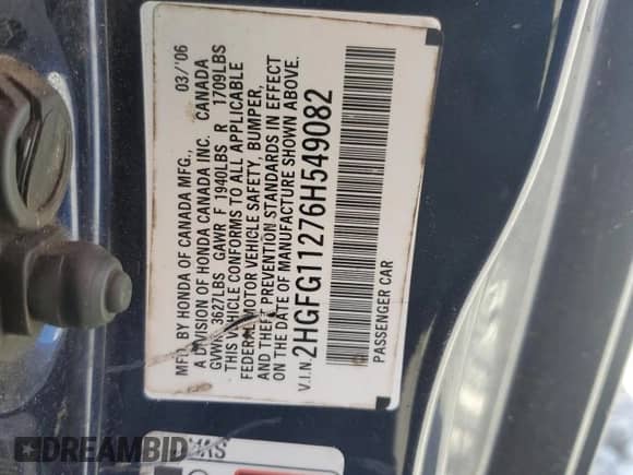 2006 Honda Civic with VIN 2HGFG11276H549082, listed as a Copart auction lot 81872695 with 178,907 mi miles and Clean title. Bid and sale history available at DreamBid. Image 12.