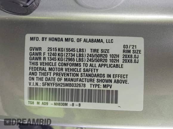 2021 Honda Pilot Special Edition z VIN 5FNYF5H25MB032678, wystawiony jako IAAI lot #42746335 z przebiegiem 59 925 mil mil oraz . Historia ofert i sprzedaży dostępna na DreamBid. Obrazek 9.