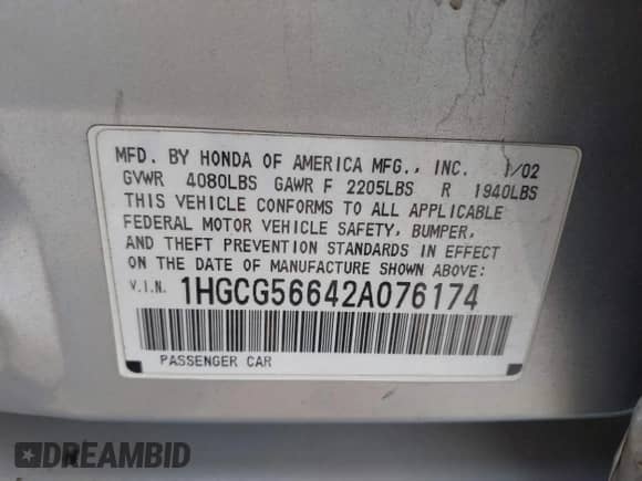 2002 Honda Accord EX with VIN 1HGCG56642A076174, listed as a IAAI auction lot 42819951 with 165,539 mi miles and . Bid and sale history available at DreamBid. Image 9.