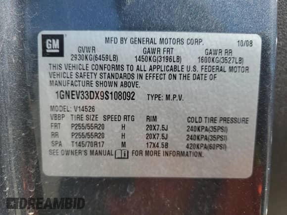 2009 Chevrolet Traverse LTZ with VIN 1GNEV33DX9S108092, listed as a Copart auction lot 49544825 with 101,586 mi miles and Salvage title. Bid and sale history available at DreamBid. Image 16.