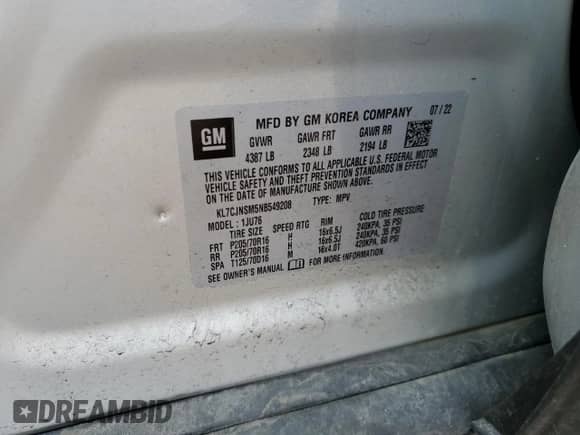 2022 Chevrolet Trax LS с VIN KL7CJNSM5NB549208, выставлен на аукционе Copart как лот 66451355 с пробегом 20 414 миль миль и Списание • Salvage title. История ставок и продаж доступна на DreamBid. Изображение 12.