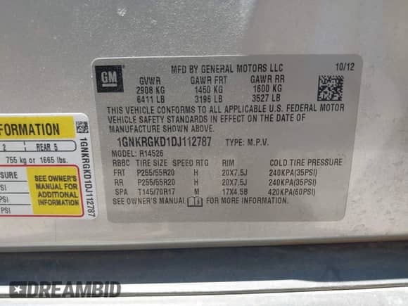 2013 Chevrolet Traverse LT with VIN 1GNKRGKD1DJ112787, listed as a IAAI auction lot 42598764 with 130,235 mi miles and . Bid and sale history available at DreamBid. Image 9.
