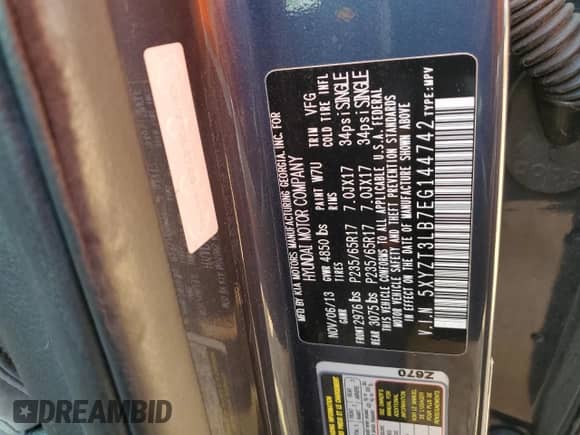 2014 Hyundai Santa Fe с VIN 5XYZT3LB7EG144742, выставлен на аукционе Copart как лот 81726855 с пробегом 201 238 миль миль и Списание • Salvage title. История ставок и продаж доступна на DreamBid. Изображение 13.