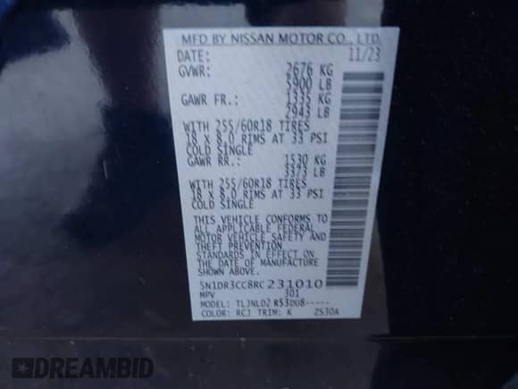 2024 Nissan Pathfinder SL with VIN 5N1DR3CC8RC231010, listed as a IAAI auction lot 42560095 with 8,076 mi miles and . Bid and sale history available at DreamBid. Image 9.