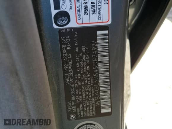 2005 BMW 7 Series with VIN WBAGL63545DP74927, listed as a Copart auction lot 58099475 with 81,387 mi miles and Clean title. Bid and sale history available at DreamBid. Image 12.