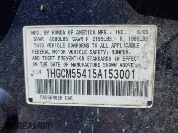 2005 Honda Accord LX с VIN 1HGCM55415A153001, выставлен на аукционе IAAI как лот 41981285 с пробегом 218 278 миль миль и . История ставок и продаж доступна на DreamBid. Изображение 9.