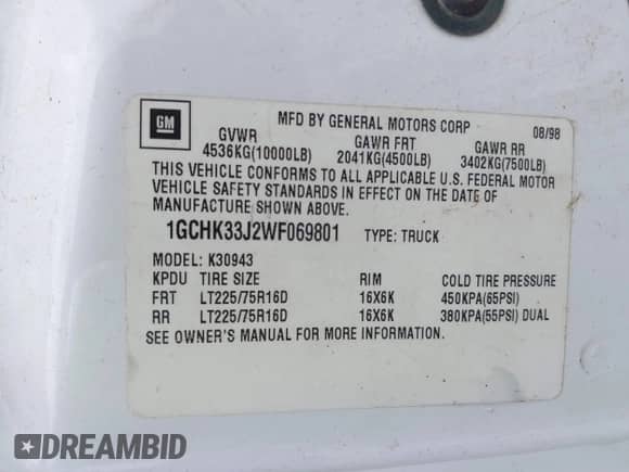 1998 Chevrolet Silverado 3500 с VIN 1GCHK33J2WF069801, выставлен на аукционе IAAI как лот 42094838 с пробегом 74 101 миль миль и . История ставок и продаж доступна на DreamBid. Изображение 9.