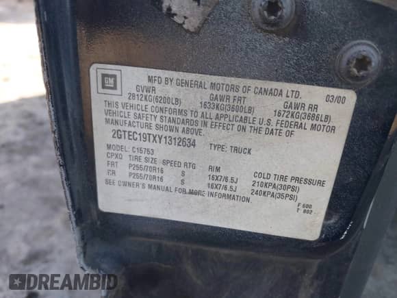 2000 GMC Sierra 1500 SLE with VIN 2GTEC19TXY1312634, listed as a IAAI auction lot 41963933 with 307,341 mi miles and . Bid and sale history available at DreamBid. Image 9.