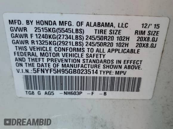 2016 Honda Pilot Touring с VIN 5FNYF5H95GB023514, выставлен на аукционе Copart как лот 71958735 с пробегом 168 103 миль миль и Списание • Salvage title. История ставок и продаж доступна на DreamBid. Изображение 12.