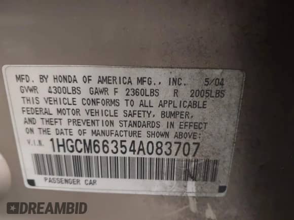 2004 Honda Accord LX с VIN 1HGCM66354A083707, выставлен на аукционе IAAI как лот 42535801 с пробегом 232 141 миль миль и . История ставок и продаж доступна на DreamBid. Изображение 9.