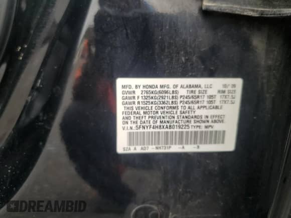 2010 Honda Pilot Touring with VIN 5FNYF4H8XAB019225, listed as a Copart auction lot 69248625 with 219,354 mi miles and Salvage title. Bid and sale history available at DreamBid. Image 13.