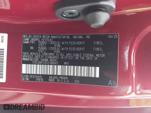 2025 Toyota Sienna XLE z VIN 5TDJSKFCXSS188845, wystawiony jako IAAI lot #42538402 z przebiegiem 25 mil mil oraz . Historia ofert i sprzedaży dostępna na DreamBid. Obrazek 9.